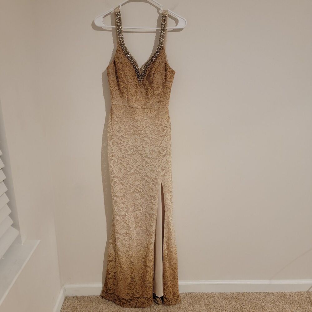 Y2K Vintage City Triangles Womens‎ Size 9 Lace Ombre Floral Prom Dress Tan